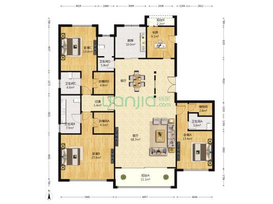 万达广场华景苑 4室1厅4卫 288平方