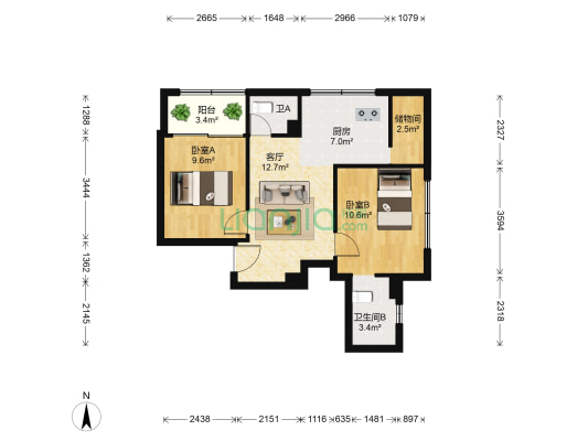 艺园 2室1厅2卫 75平方