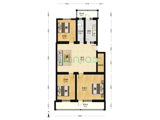 沙河市政宿舍楼 3室1厅1卫 128平方