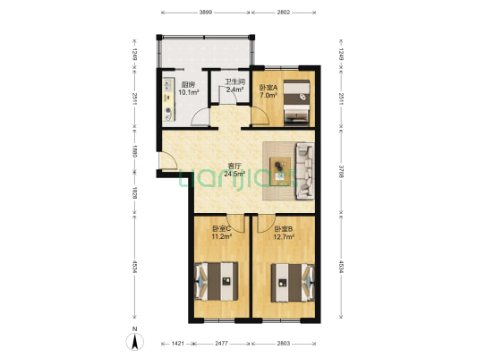 幸福乡宿舍 3室1厅1卫 92平方