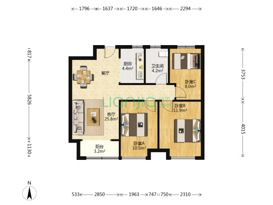 中新国际城二区 3室1厅1卫 95平方