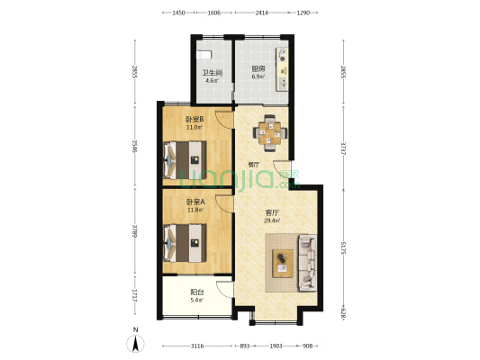 天地嘉苑 2室1厅1卫 87平方