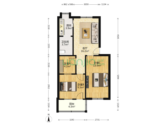 粮厂宿舍 3室1厅1卫 68平方