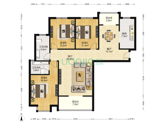 庆华长安家园 3室2厅2卫 139平方