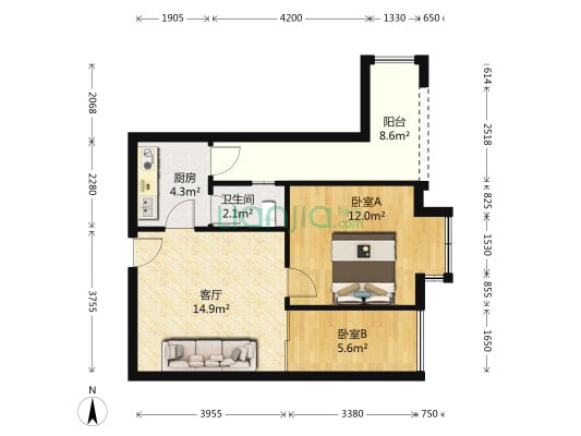 启航大厦 2室1厅1卫 49平方