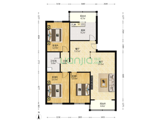 裕鑫花园 3室2厅1卫 122平方