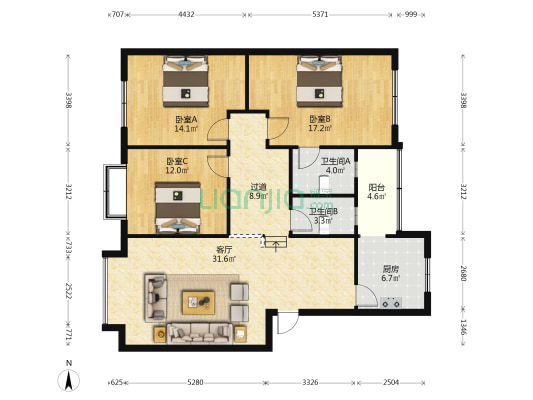 世纪花园 3室1厅2卫 130平方