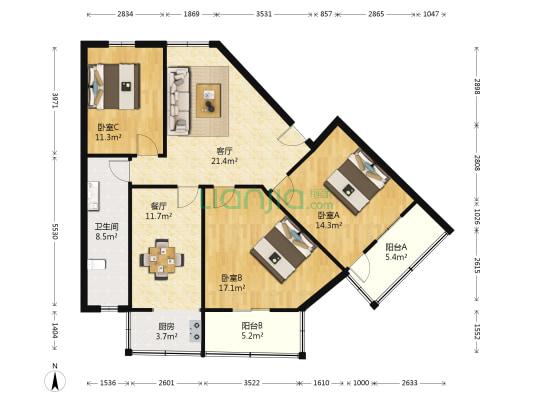 庆丰街12号院 3室2厅1卫 112平方