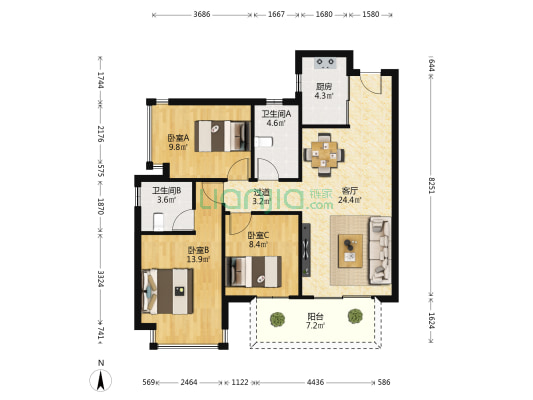 盛湖悦景 3室1厅2卫 98平方