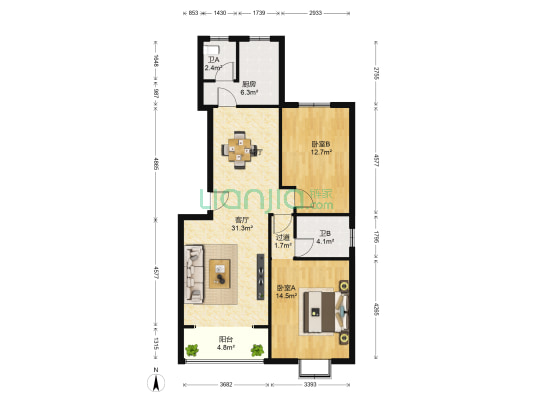 雄海花园 2室1厅2卫 92平方