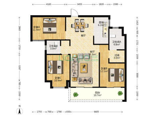 昆明融创文旅城瀚海花园南区 3室1厅2卫 126平方