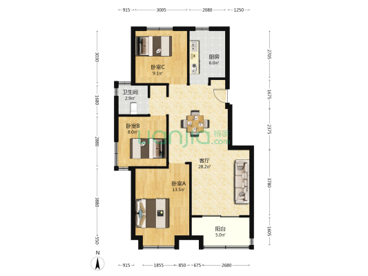 水岸8号B区 3室1厅1卫 97平方