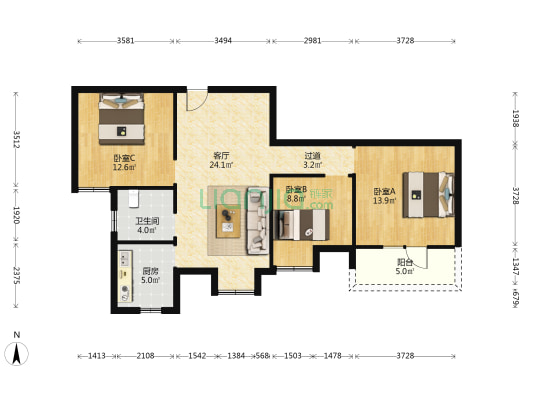 罗七人家 3室1厅1卫 104平方