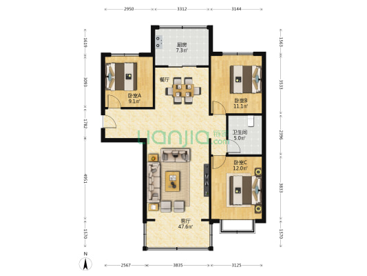 永生紫御华府A区 3室1厅1卫 128平方