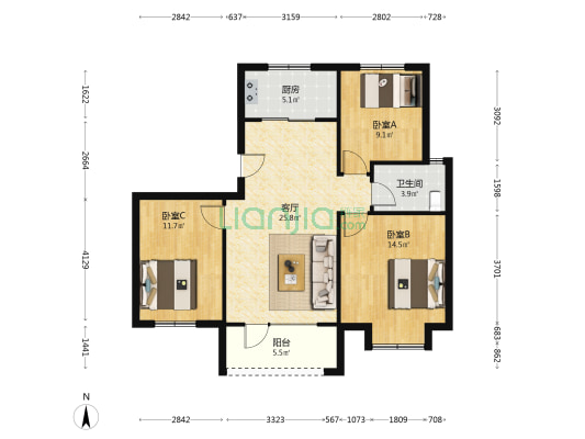 半岛城邦北苑 3室1厅1卫 103平方