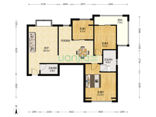 双湖新城三区 3室1厅2卫 105平方
