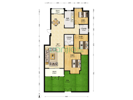 民生·天都星城南区 3室1厅2卫 127平方