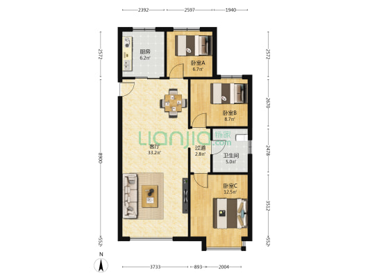 恒大御湖郡 3室1厅1卫 107平方