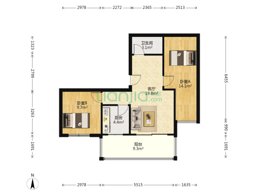 团结名居枫园 2室1厅1卫 77平方