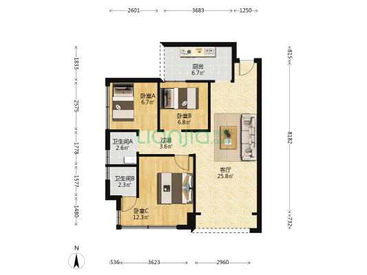 天府云城B区 3室1厅2卫 76平方