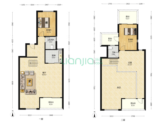 仁安南山院子 2室1厅2卫 153平方