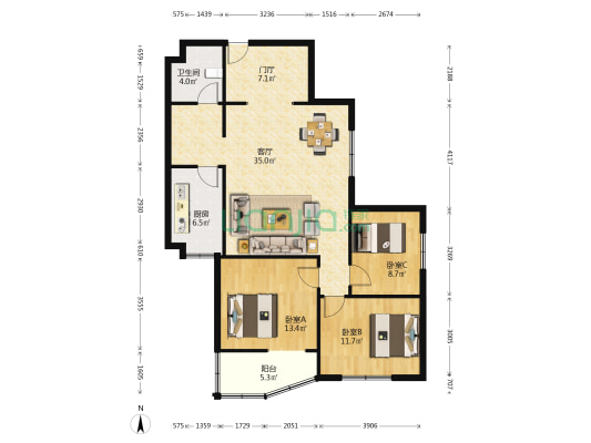 紫荆苑 3室1厅1卫 123平方