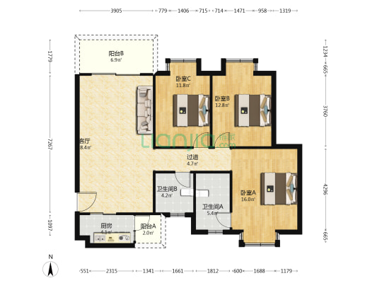 白鹤花园 3室1厅2卫 121平方