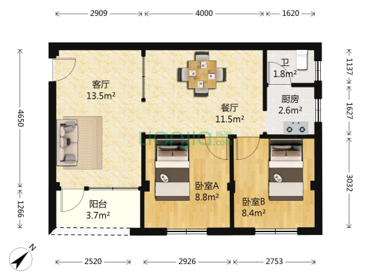 恒辉小区 2室2厅1卫 63平方