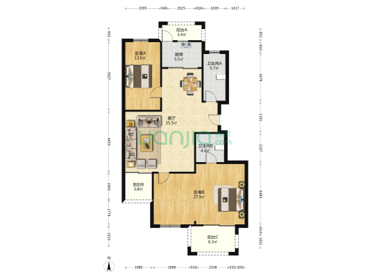 金府华庭 2室1厅2卫 126平方