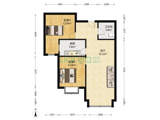 户型方正，中间楼层，花园小区，封闭管理-户型图