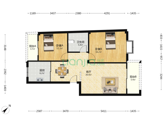 嘉鸿军民小区 2室1厅1卫 90平方