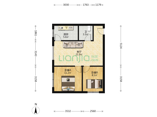 宝通府第 2室1厅1卫 75平方