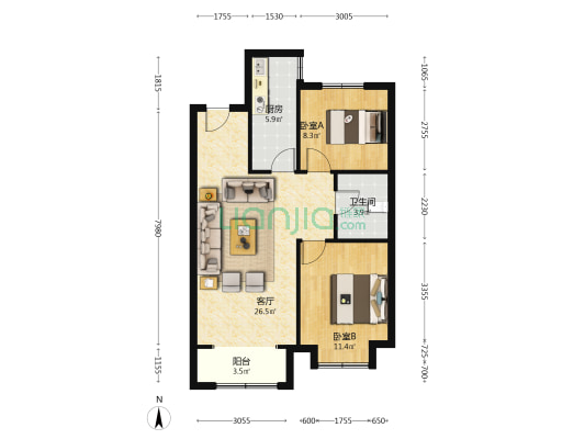此房房本在手 房龄新 一梯两户布局 南北通透-户型图