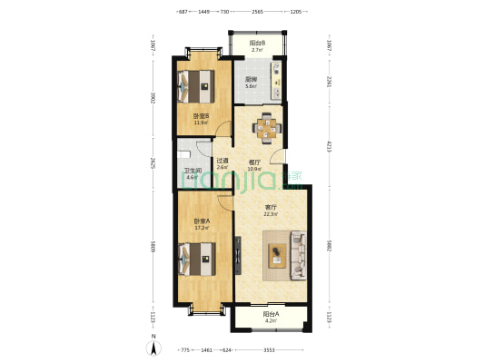 骊景家园 2室2厅1卫 102平方