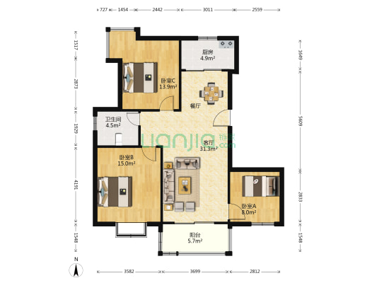 豪景华庭 3室1厅1卫 107平方