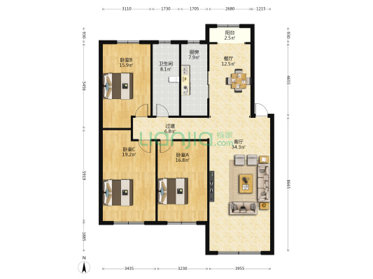 蓝景公寓 3室2厅1卫 143平方