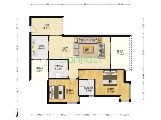 南馨景园 2室1厅2卫 105平方