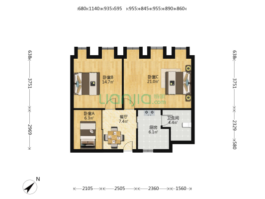 银杨大厦 3室1厅1卫 110平方
