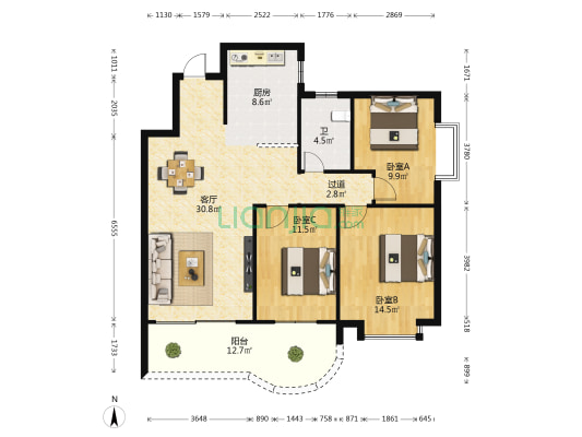 山水方园 3室1厅1卫 110平方