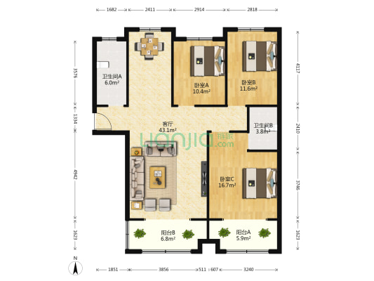 汉邦景城 3室1厅2卫 134平方