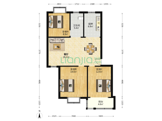 桃李花园 3室1厅1卫 97平方