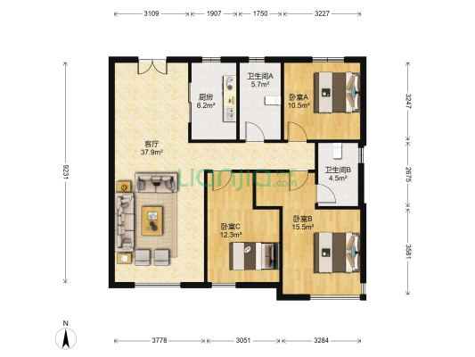 保利云禧 3室1厅2卫 132平方