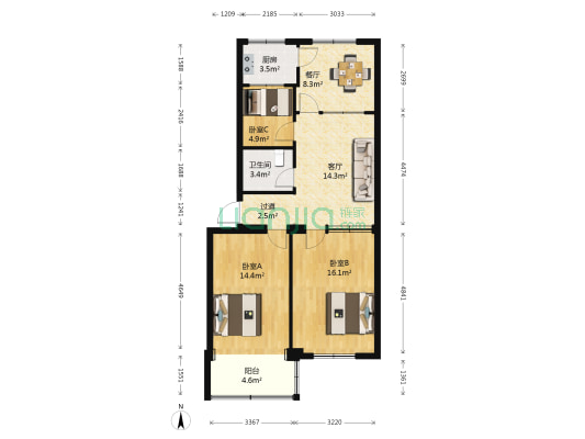 市中小区 3室2厅1卫 93平方