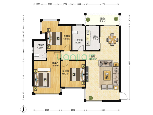爱琴海景 3室1厅2卫 99平方
