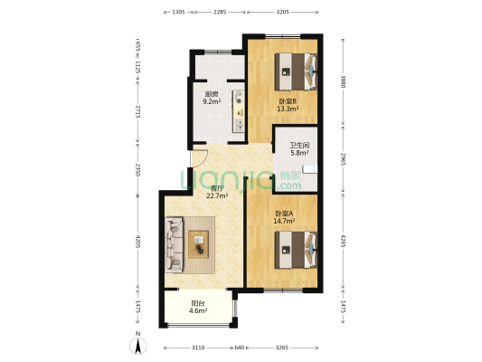 众河龙亭轩 2室1厅1卫 90平方