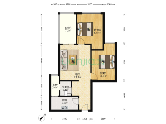银泰商业城 2室1厅1卫 75平方
