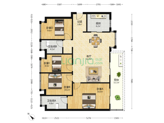 金地时代艺境 4室1厅2卫 126平方