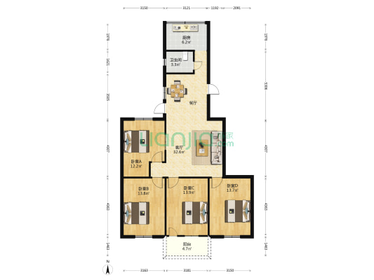 电力宿舍(鼓屏路160号) 4室1厅1卫 132平方