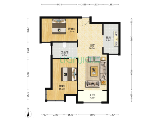 玉兰花园 2室1厅1卫 103平方