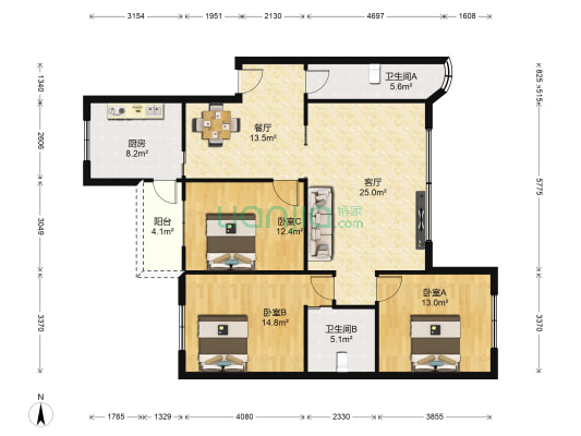 樟树园小区 3室2厅2卫 125平方
